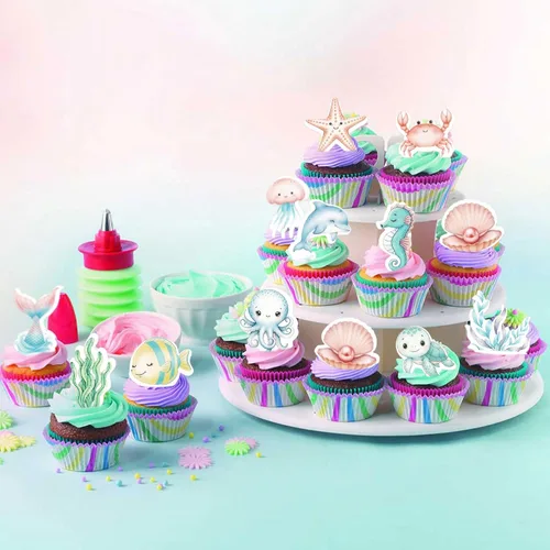 Miniatura 7 de 40 piezas comestibles bajo el mar, sirena, cupcakes, algas, pulpos, estrellas de mar, cupcakes, lindos animales del océano, selecciones de alimentos