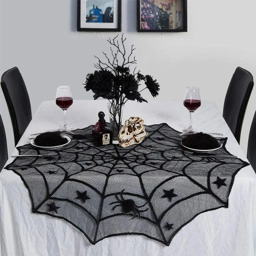 Miniatura 6 de Camino de mesa de Halloween, mantel redondo de encaje de araña de 40 pulgadas, mantel de Halloween para cena de Halloween (negro)