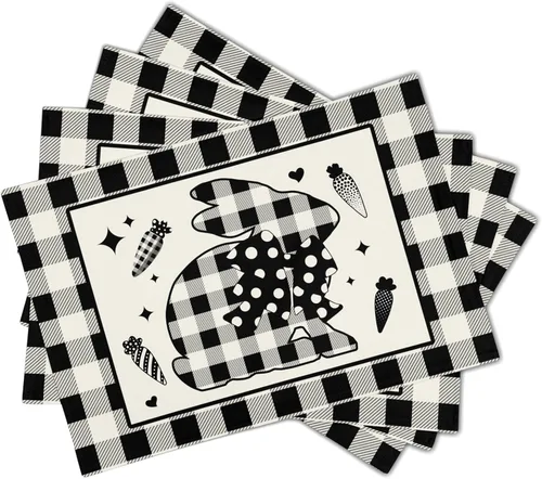 Miniatura 2 de Juego de 4 manteles individuales de búfalo de Pascua, diseño de conejo, zanahorias, vintage, color blanco y negro, lavable, resistente al calor