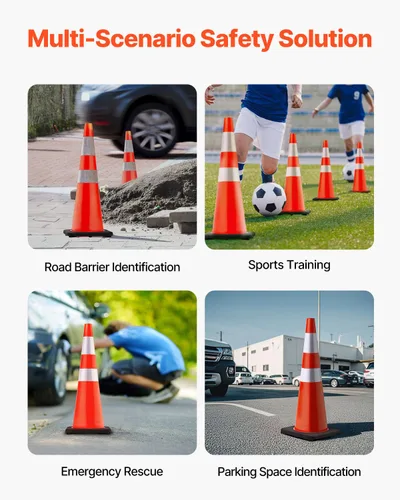Miniatura 7 de VEVOR Conos de seguridad, paquete de 6 conos de tráfico de 36 pulgadas, conos de construcción naranja de PVC con collares reflectantes y base negra