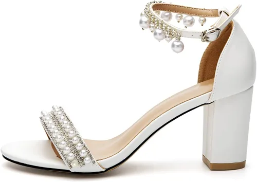 Miniatura 2 de Zapatos de novia para mujer, con puntera abierta, cómodos, tacón medio de bloque, correa al tobillo, sandalias de tacón con cadena de perlas