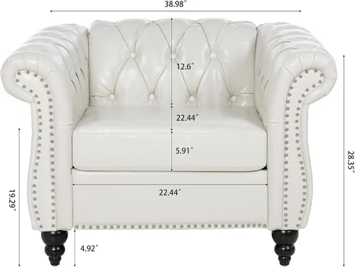 Miniatura 2 de LEVNARY Sillón tapizado de cuero, moderno sofá individual de mediados de siglo con brazos enrollados y cabeza de clavo, silla Chesterfield de piel