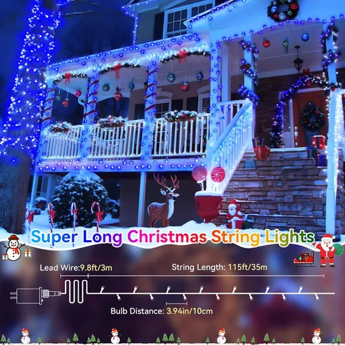 Miniatura 2 de Cadena de luces de Navidad para exteriores, 125 pies con 350 luces LED, 8 modos y función de temporizador con memoria, luces de hadas parpadeantes