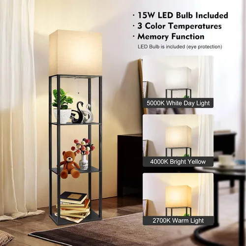 Miniatura 4 de Lámpara de pie RUNTOP Plus con estantes, lámpara de estante con bombilla LED de 15W, 3 colores, función de memoria, estante de exhibición ancho