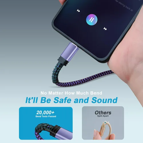 Miniatura 4 de Cable de carga USB C, cable de alimentación para teléfono Android, paquete de 3 unidades, trenzado USB A a tipo C, cable de carga rápida