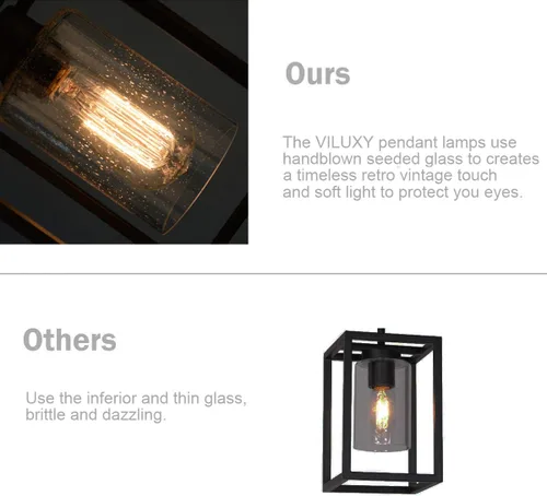 Miniatura 3 de VILUXY Luces Colgantes Negras Isla de Cocina Granja Vidrio Granulado 1-Luz Lámpara Colgante Comedor Accesorios Jaula de Metal Luces Colgantes
