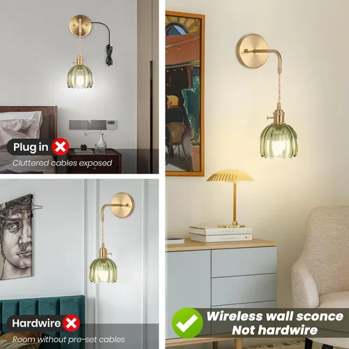 Miniatura 7 de Aplique de Pared Operado por Batería, Apliques de Pared para Interiores no Cableados Apliques de Pared con Pantalla de Vidrio Verde Profundo con RGB