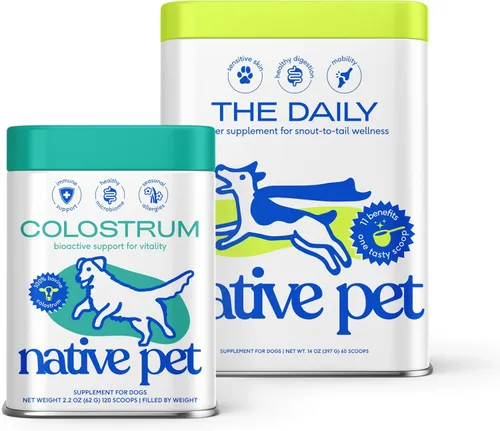 Native Pet Vitaminas y suplementos diarios para perros (60 cucharadas) y calostro bovino en polvo (120 cucharadas) – Multivitamínico 11 en 1, alivio