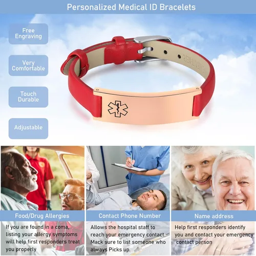 Miniatura 56 de MPRAINBOW Pulsera de alerta médica personalizada para mujer, correa de reloj de cuero genuino, grabado de doble cara, diabetes, epilepsia, joyería