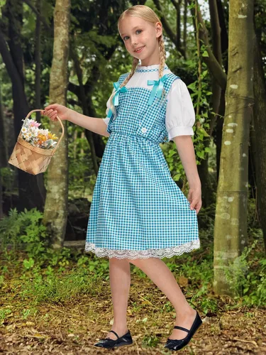 Miniatura 5 de Girls Halloween Clothing Blue Gingham Puff Sleeves Midi Dress Outfit with Hair Bows 5-14 Years