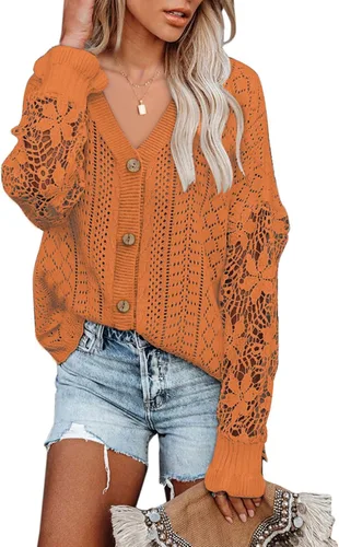 Dokotoo Cárdigan de punto trenzado de manga larga con cuello en V y encaje de ganchillo para mujer, suéteres y tops