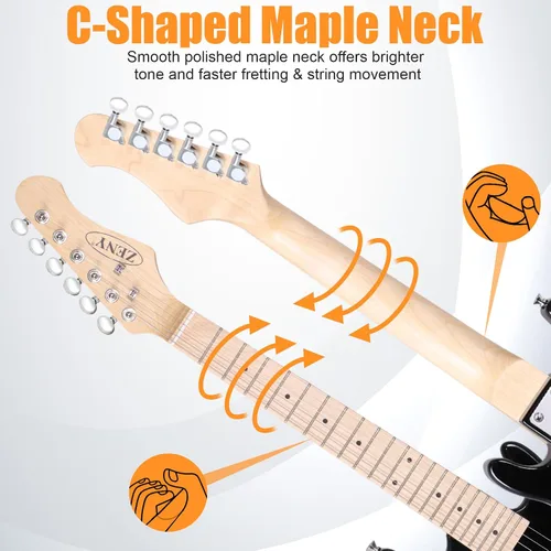 Miniatura 5 de ZENY Guitarra eléctrica para niños de 30 pulgadas con amplificador de 5 W, bolso de concierto, correa, cable, cuerdas y púas, kit de accesorios Negro