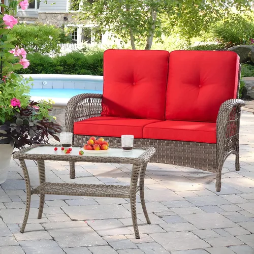 Joyside Juego de muebles de mimbre para patio, juego de conversación de 2 piezas con un asiento de amor y una mesa de café, sofá y mesa de ratán de