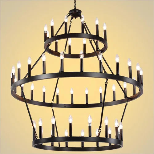 Miniatura 13 de Candelabro de dos niveles en negro, rueda de vagón grande, 54 luces, lámpara colgante de granja redonda de 152 cm, iluminación rústica para comedor
