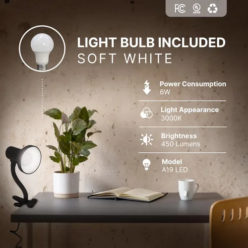 Miniatura 4 de Xtricity Luz LED de escritorio, cuello de cisne ajustable de 360°, lámpara para el hogar y la oficina con bombilla A19 de 7 W, 120 V, interruptor