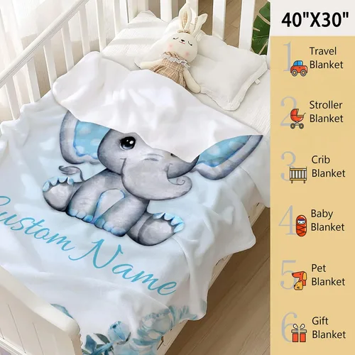 Miniatura 2 de Manta personalizada de elefante azul floral con nombre para niñas, manta con nombre personalizado para niños pequeños, regalos personalizados