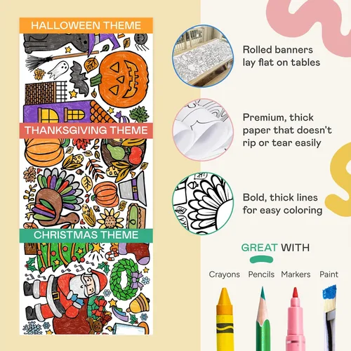 Miniatura 4 de Tiny Expressions - Paquete de 3 manteles grandes para colorear para festividades, Halloween, Acción de Gracias, Navidad, enrollado, sin arrugas