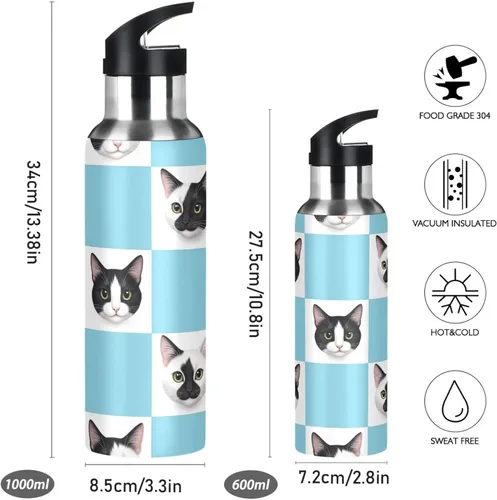 Miniatura 2 de Stainless Steel Vacuum Insulated Water Bottle 20 Oz, Leakproof Water Bottles for Gym Outdoor Travel School, Black White Cat Checkerboard