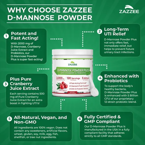 Miniatura 9 de Zazzee D-Mannose Powder Plus, 2000 mg, 120 porciones, potente y de acción rápida, más 5 mil millones de probióticos CFU y extracto de jugo
