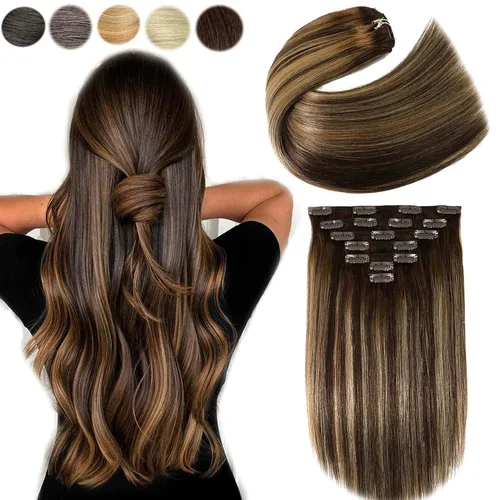 Miniatura 46 de Honsoo Extensiones de cabello humano real de color marrón con pinzas, marrón castaño, 15 pulgadas, 70 g, 7 unidades, cabello lacio sedoso y marrón