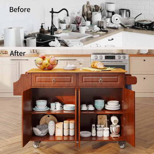 Miniatura 8 de Aiho Carrito de isla de cocina con almacenamiento, carritos móviles de 52 pulgadas con mesa de cocina rodante con toallero, estante de especias