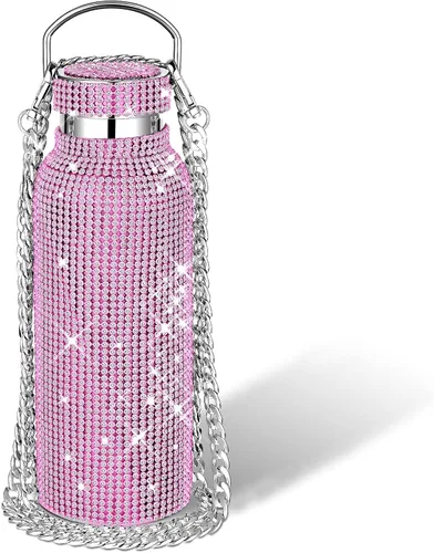 Miniatura 23 de Geiserailie Botella de agua con diamantes de imitación de acero inoxidable, térmica, recargable, aislada, con cadena, para mujeres y niñas