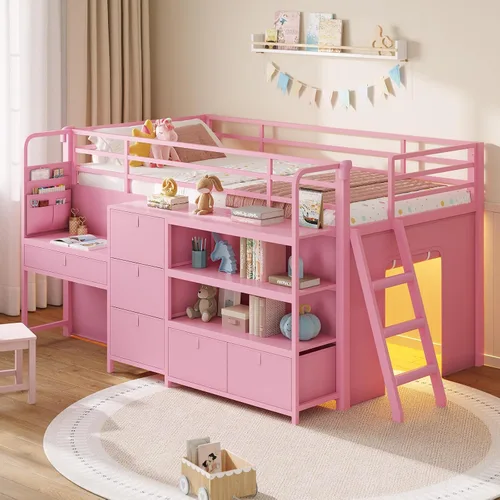 Miniatura 11 de DICTAC Cama alta baja con tobogán, escalera de almacenamiento y luces LED, cama alta de metal tamaño individual con espacio de juego debajo