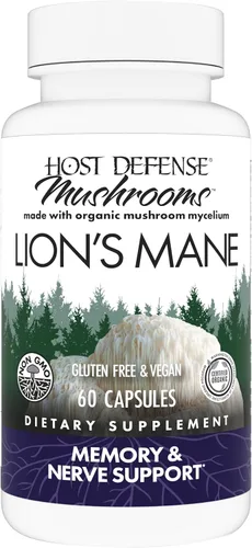 Host Defense Mushrooms Lion's Mane - Cápsulas de suplemento para apoyo a la salud cerebral - Soporte de hongos para concentración y función de