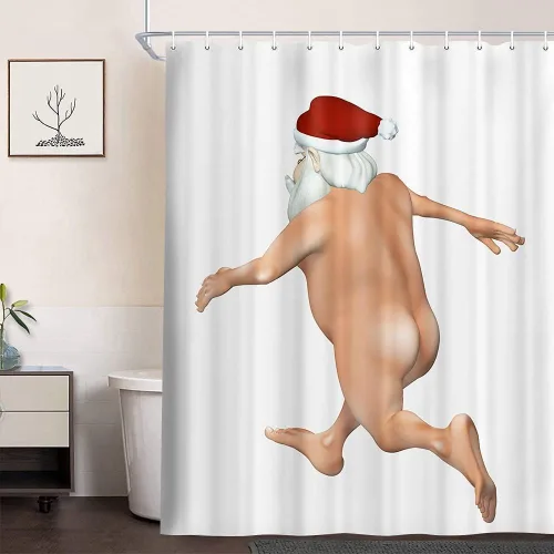Miniatura 2 de Divertida cortina de ducha de Navidad, linda cortina de ducha de Papá Noel desnudo corriendo loco para baño, moderna cortina de baño de tela