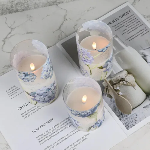 Miniatura 8 de Velas de Cristal de Hortensias Sin Llama con Temporizador Remoto Operadas con Batería Velas LED Parpadeantes de Pilar de Cera Real Decoración