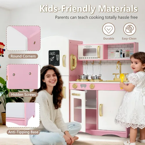 Miniatura 6 de Kinder King Cocina de madera para niños, juego de cocina de juguete para niños pequeños, horno de simulación, microondas, teléfono, pizarra, puertas