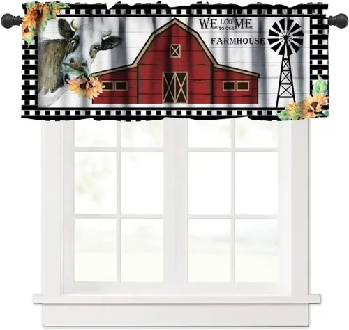 Miniatura 39 de Cenefa de piel de vaca blanca y negra, con estampado de animales de granja occidental, cortina corta opaca para ventana de granja, cocina