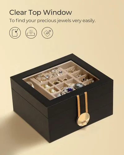 Miniatura 3 de Hzuaneri Joyero de 3 capas, organizador de joyas con tapa de vidrio, 1 soporte individual para joyas, 1 cajón, estuche de joyería de piel sintética