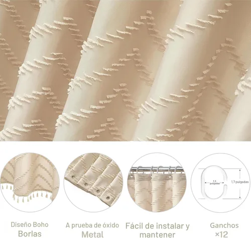 Miniatura 6 de Siiluminisoy Cortina de Ducha Boho Estilo Granja de Tela Tejida Bonita Cortina de Ducha Beige, 72 x 72 pulgadas Con Mechones Chevron Texturizada A