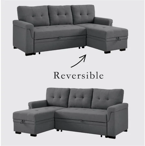 Miniatura 10 de BOWERY HILL Sofá cama modular reversible de lino gris acero con almacenamiento, tapicería de mezcla de algodón, cama extraíble, cojines copetudos