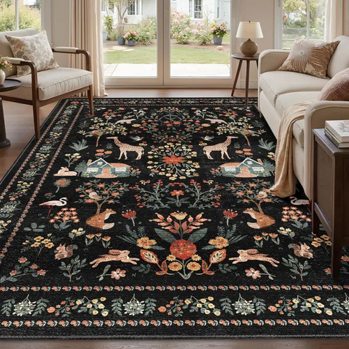 Miniatura 31 de Alfombra de área de 5 x 7 pies para sala de estar, alfombra verde boho antideslizante lavable, alfombra vintage de pelo bajo, alfombra grande