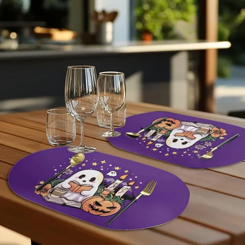 Miniatura 4 de Pumpkin Placemats Set of 4 Ghost Non Slip Washable Heat Resistant Place Mats 12x18 Inch Round Tablemats for Dining Kitchen Party Daily Table Decor