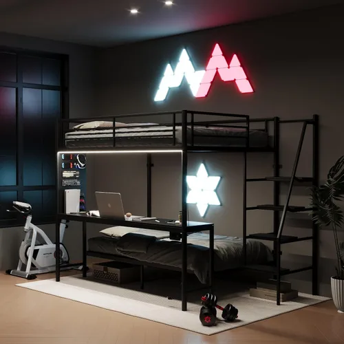 Miniatura 6 de KEIKI Litera Full sobre Twin con Estación de Carga, Cama Alta de Metal con Escritorio & Protector de Seguridad & Escaleras, Marco de Cama de Metal