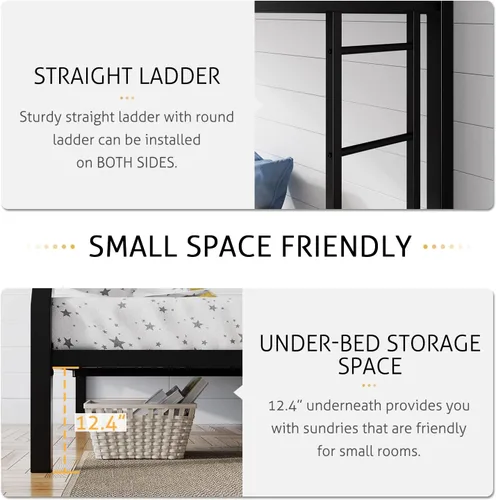Miniatura 4 de SHA CERLIN Litera tipo loft de tamaño Twin sobre Full con escalera y barandilla, listones de metal resistente, no necesita somier, muebles Negro