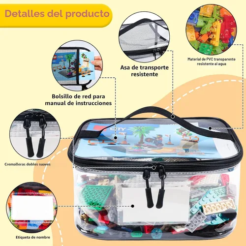Miniatura 4 de Tesuko Paquete de 6 bolsas transparentes de almacenamiento de juguetes con etiqueta de nombre y bolsillo manual, funda organizadora de juguetes