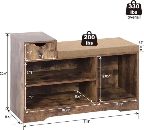 Miniatura 2 de PHI VILLA Banco de almacenamiento de zapatos con cojín de asiento, zapatero organizador de zapatos para entrada, sala de estar, marrón rústico