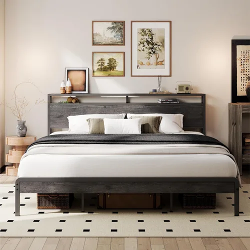 Miniatura 21 de LIKIMIO Marco de Cama King con Cabecero, Marco de Cama King de Madera Oscura con Soportes Fuertes, Resistente, Sin Ruido, No Necesita Somier, Nogal