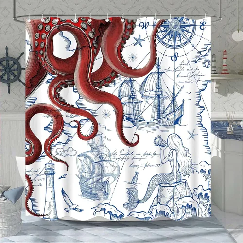 Miniatura 23 de Fungarth Cortina de ducha de pulpo náutico azul, sirena azul marino, divertida cortina de ducha estilo kraken del océano para baño, ancla fresca