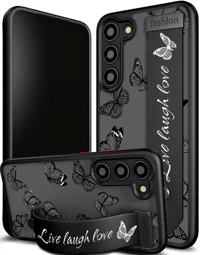 Compatible para Samsung Galaxy S23 Funda Bonita con Correa Soporte Dedo Kickstand, Fundas de Silicona Geniales de Diseñador Funda Cover - Mariposa