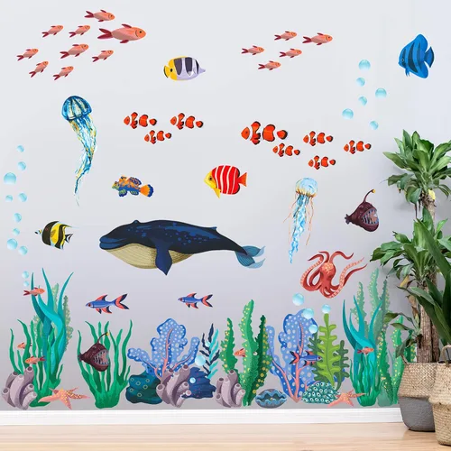 Adhesivo creativo extraíble 3D bajo el mar para pared, diseño de hierba de coral, vida oceánica, despegar y pegar, decoración de pared de peces