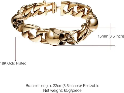 Miniatura 26 de U7 Pulseras góticas de calavera para hombres y mujeres, acero inoxidable, chapado en oro de 18 quilates, plata, negro, punk, esqueleto punk