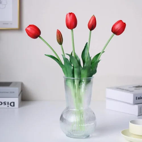 Tulipanes falsos de tacto real premium de 16 pulgadas, flores artificiales con brotes, tallo flexible fácil de moldear, tulipanes falsos (jarrón no