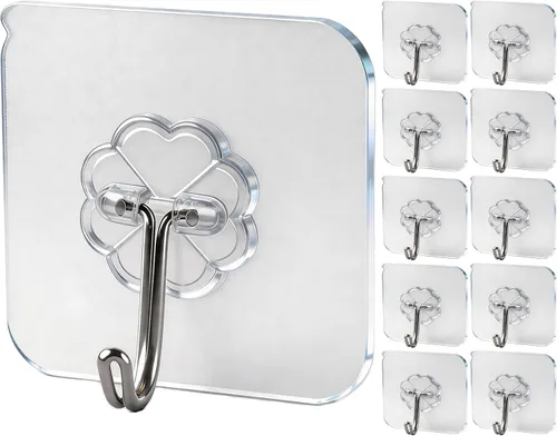 Ganchos de pared – 33 libras máximo, transparentes, sin costuras, impermeables y resistentes al aceite, ganchos adhesivos resistentes para abrigos y