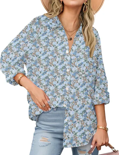Miniatura 11 de Zeagoo - Blusas de lino con botones para mujer, de gasa, algodón, manga larga, blusas informales con cuello, corte holgado