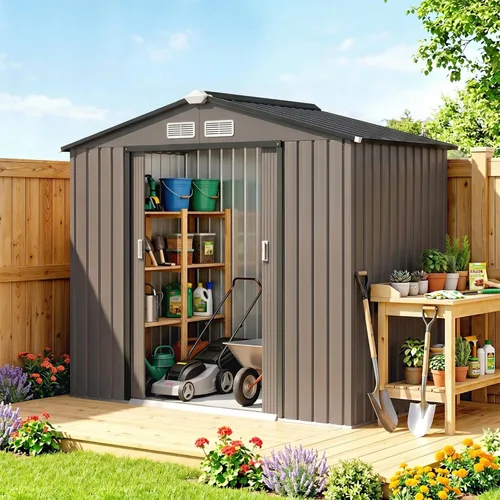 Miniatura 22 de Outsunny Cobertizo de almacenamiento exterior de 11' x 13', cobertizo de metal para herramientas de jardín con kit de cimentación, puerta con doble